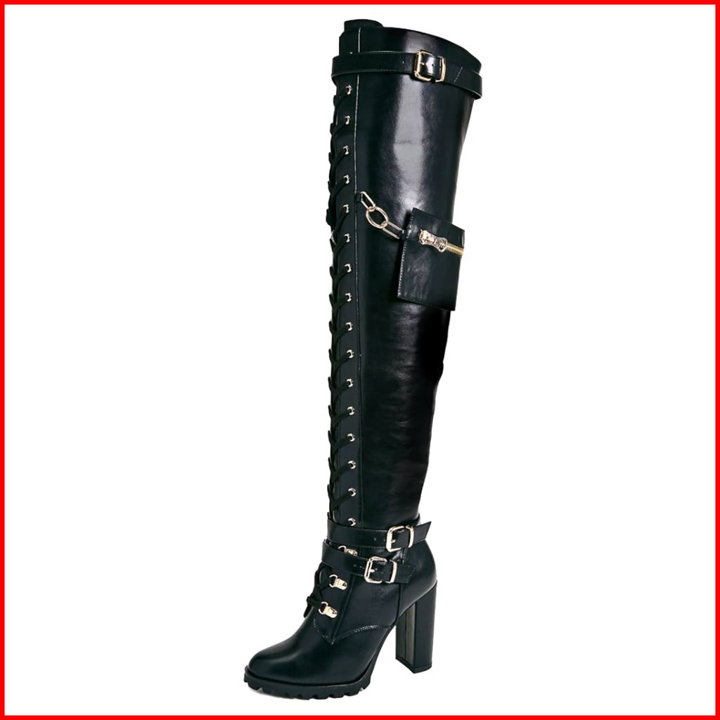 Wide Calf Thigh High Boots Chunky Block Heel Lace Up Combat Boots Side Zipper